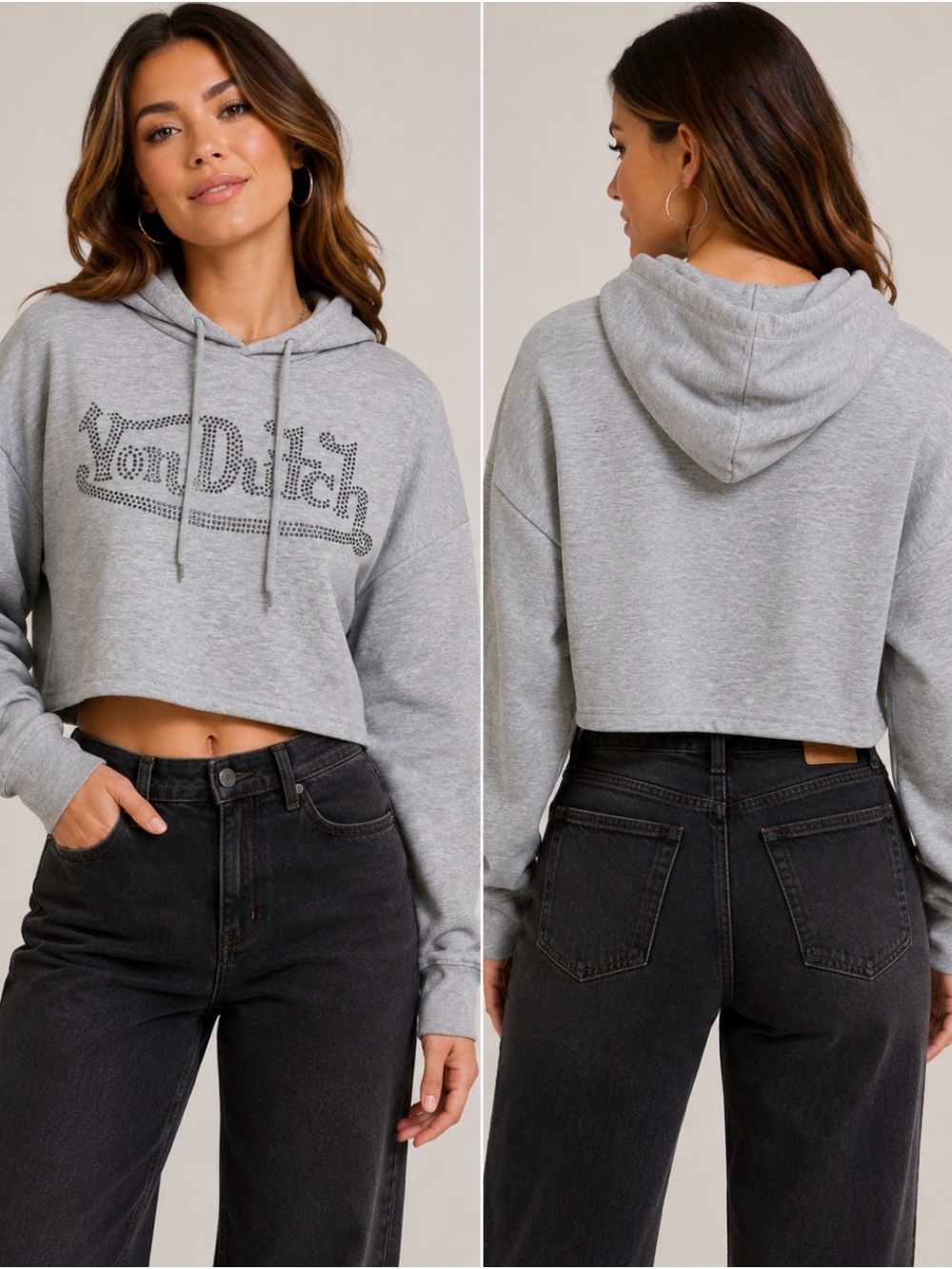 Von Dutch Gray Rhinestone Logo Cropped Hoodie